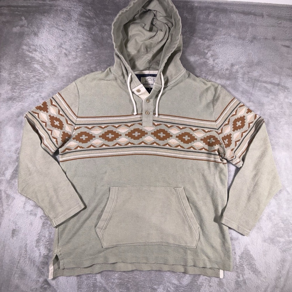 American Eagle Aztec Knit Hoodie Men's XL Southwestern Sweater Pullover Greenish